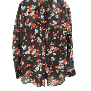 Lauren Ralph Lauren Floral Blouse L Button Up Silk Blend Long Sleeve Shirt Sheer